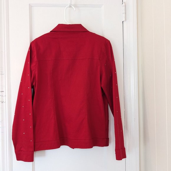 3/$15 Vintage 80s Red Jacket w Crystal Buttons, Rhinestones, & Shoulder Pads - Picture 2 of 10